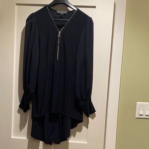 Mixed-Media Long Sleeve Black Dress with Zip Detail